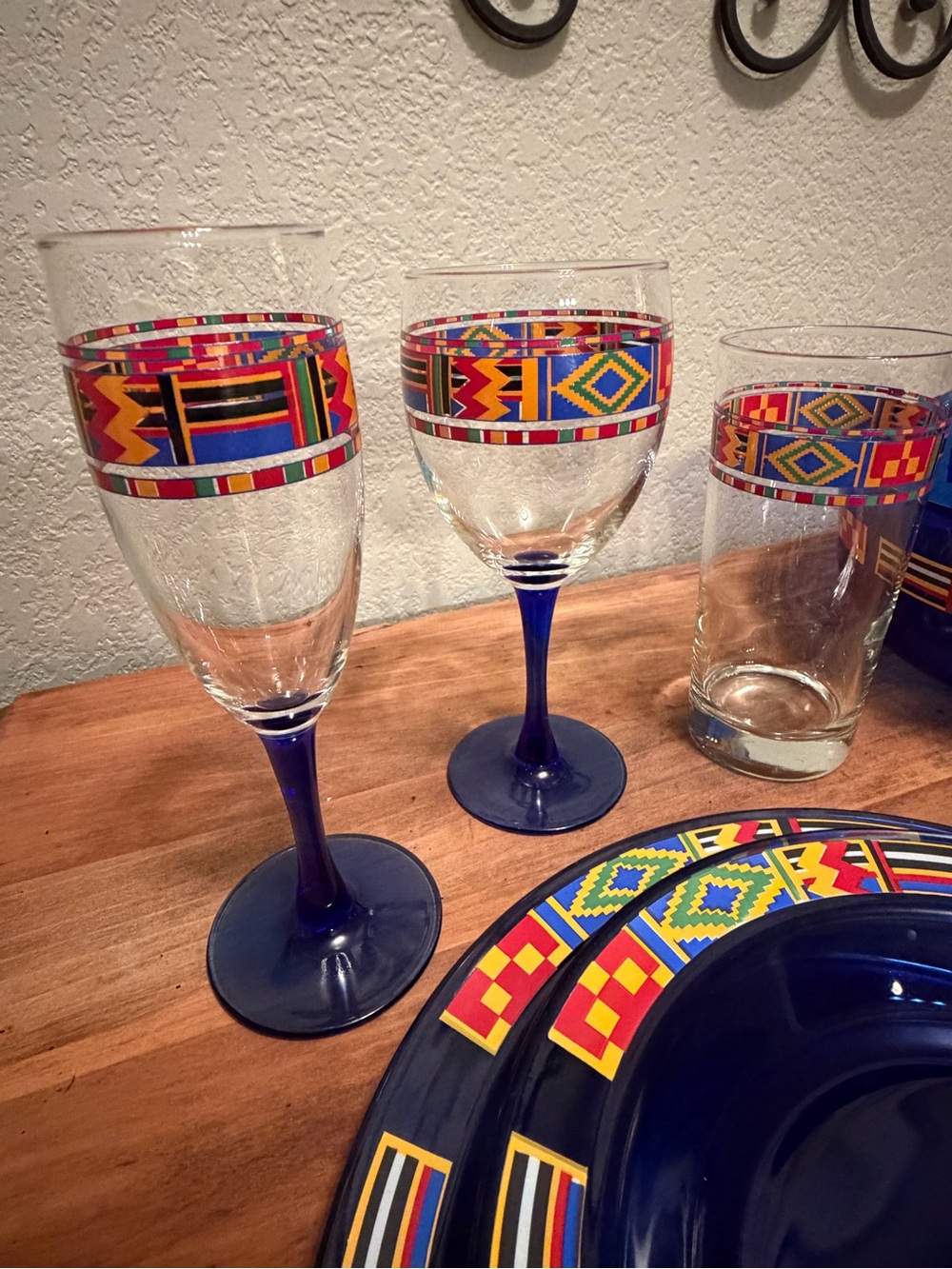 Vintage Arcoroc France Kente Flag Cobalt Blue and Colorful Band - Picture 5 of 6